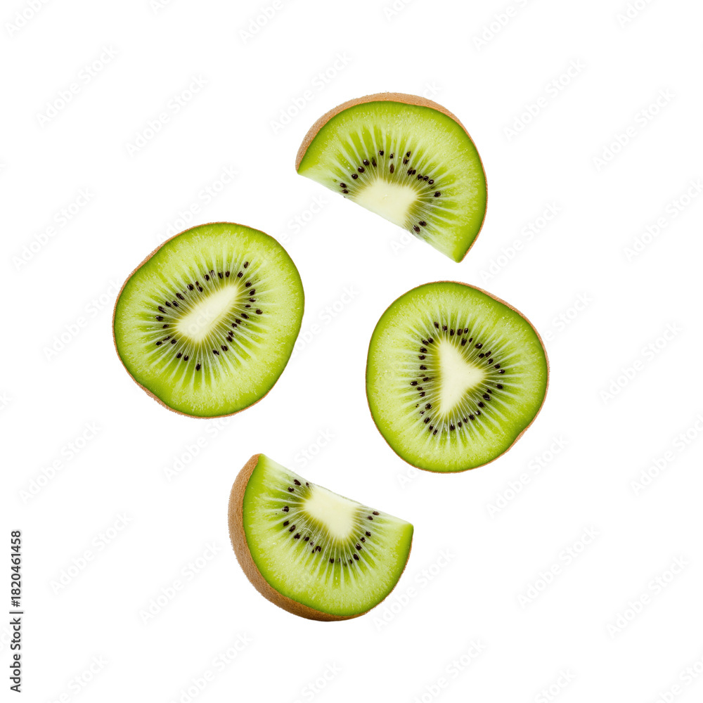 Fototapeta premium Vertical arrangement of kiwi slices showing vibrant green flesh, seeds, and fuzzy brown skin on transparent background.