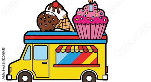 Cartoon ice cream truck with cupcake and ice cream cone vector