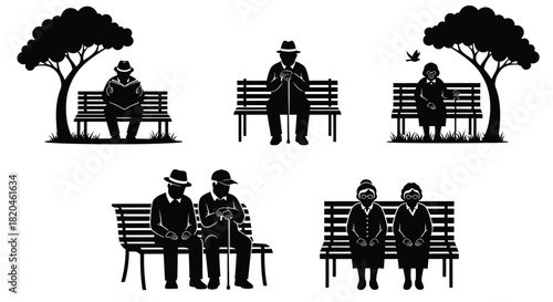 Elderly people relaxing on park benches, sharing moments in silhouette