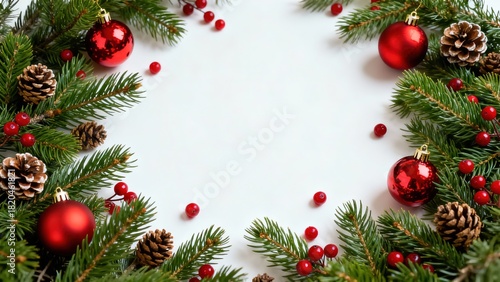 Christmas decoration with pine branches, red ornaments, pinecones, and berries arranged in a frame on a white background