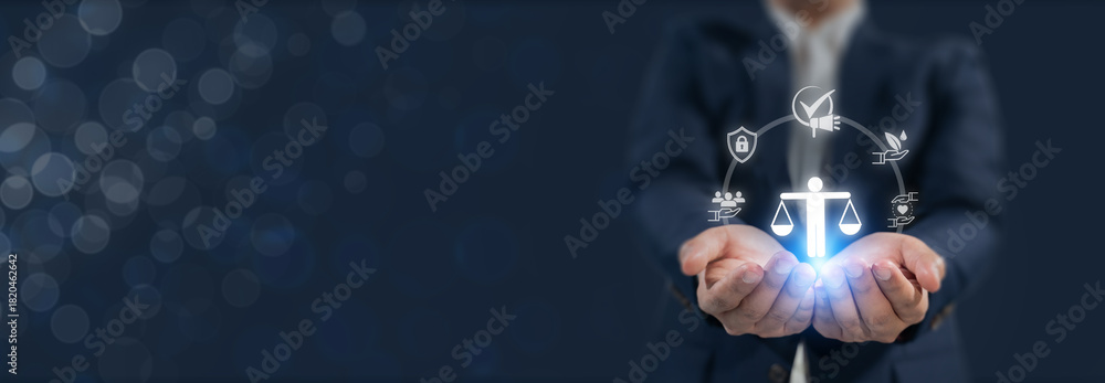 Fototapeta premium Marketing Ethics and Trust. Touching glowing icons of transparency communication, data protection, eco-friendly and ethics. Responsible marketing, balance between profit and social responsibility.