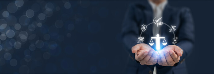 Marketing Ethics and Trust. Touching glowing icons of transparency communication, data protection, eco-friendly and ethics. Responsible marketing, balance between profit and social responsibility.