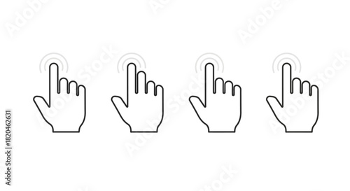 A line of four simplified hand icons with the index finger pointing upwards, each with a ripple effect indicating touch or click interaction