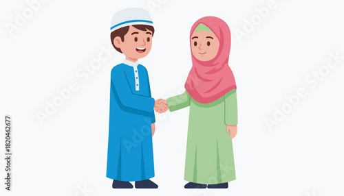 Two young Muslim children, a boy and a girl, shake hands in a gesture of greeting and friendship.