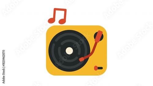 Animated yellow turntable with record, needle, and music note