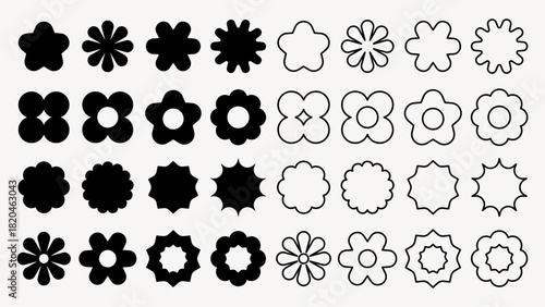 Vector elements. Set of 30 black and white flower icons. Floral shapes include petals, stars, and outlines. Perfect for design, patterns, and decorative elements. Black shapes, vector element set.