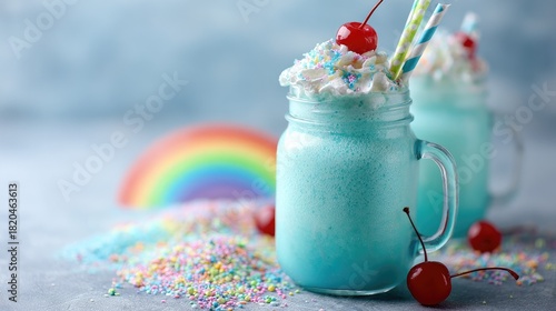 Colorful milkshakes with whipped cream and cherries are served.
