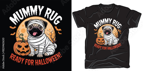 Cute pug dog dressed as mummy with pumpkin for halloween