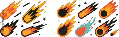 Assorted collection of cartoon meteors and comets with bright fire tails, vector illustration for space exploration, science, and cosmic themed graphic design.