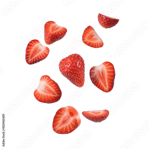 Fresh strawberries arranged in a circular layout, with a mix of whole and halved berries, isolated on transparent background.
