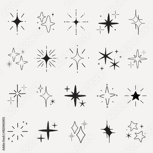 Set of 18 black starburst icons on a white background. Starburst designs vary in shape and size. Starburst patterns ideal for graphic design projects. Element vector set.