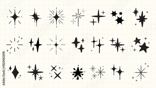 Set of 24 black starburst icons on a grid background. Starburst shapes vary in size and style. Perfect for design, decoration, and adding starburst effects. Element vector set.