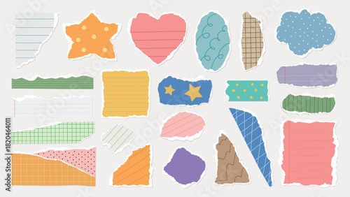 Colorful torn paper scraps in various shapes: stars, hearts, rectangles. Vibrant paper pieces with patterns, textures. Creative paper collage elements. Colorful patterned element vector set.