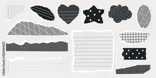 Collection of torn paper shapes: hearts, stars, rectangles. Black, white, lined, and dotted patterns. Torn paper, creative design, scrapbooking elements. Gray element vector set.