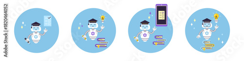 Set of 4 illustrations AI robot assistant and online education. Concept for distance learning. Cute character wearing college graduation hat. Flat style vector illustration.