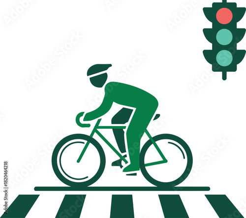 Cyclist stop at red traffic light on crosswalk vector illustration, road safety rules for bicycle riders, urban cycling transportation icon graphic design.