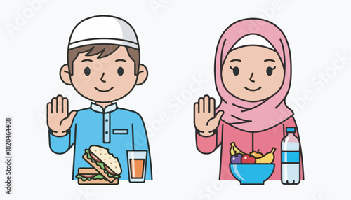 Cartoon illustration of a Muslim boy and girl with food and drinks, gesturing with their hands.
