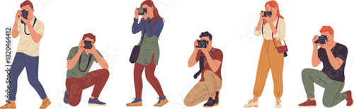 Group of people holding cameras and taking photos, vector illustration of young photographers and reporters shooting event or news coverage on white background.