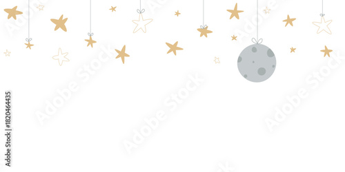 A background with the moon and stars hanging on strings, the moon and stars hanging on a string tied in a bow, a background with a night sky and hand-painted stars and a large full moon with crators