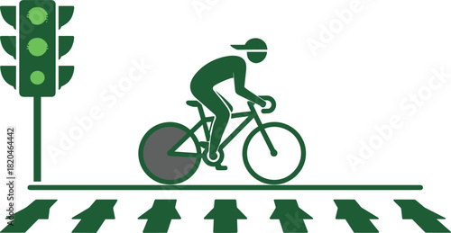 Cyclist waiting on crosswalk at green traffic light, vector graphic illustrating urban transportation, road safety, and obeying rules for safe bicycle commute.