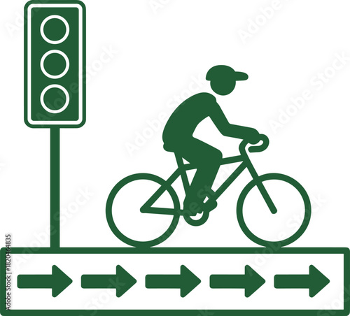 Monochromatic icon of cyclist riding past traffic light on designated lane, vector graphic representing bicycle transportation, urban mobility, and traffic regulations.