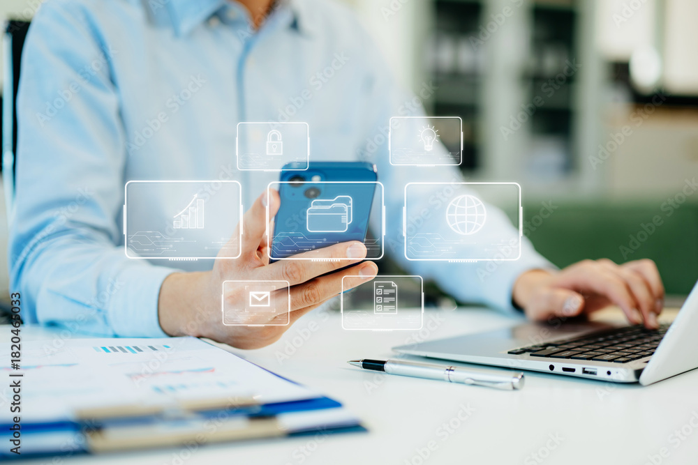 Fototapeta premium Digital marketing media in virtual screen.businesswoman hand working with mobile phone and modern compute with VR icon diagram at office in morning light