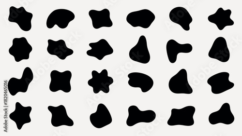 Abstract black shapes on a white background. Random shapes, black and white contrast. Unique abstract forms, black shapes, artistic and modern design. Black shape vector set.