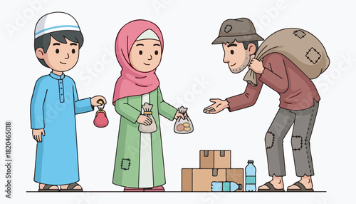 Two Muslim children, a boy and a girl, giving food and money to a poor man with a sack near cardboard boxes.