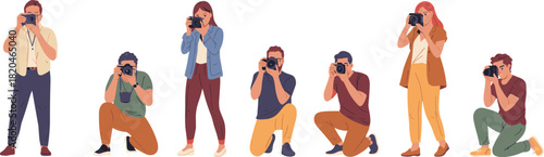 Professional photographers capturing moments illustration diverse group of people taking pictures with digital cameras at event or studio photoshoot vector art.