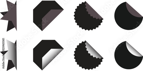 Set of black stickers with curled edge on white background