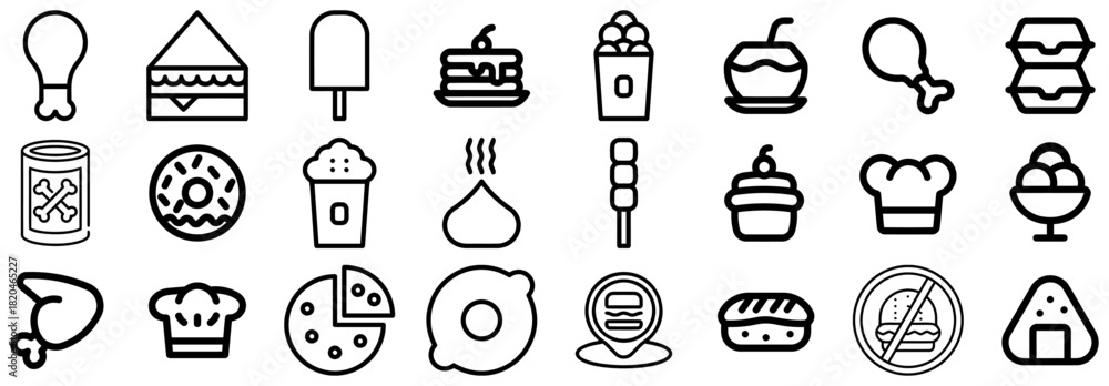 Naklejka premium Collection of Food and Drink Icons in Black and White Outline Style