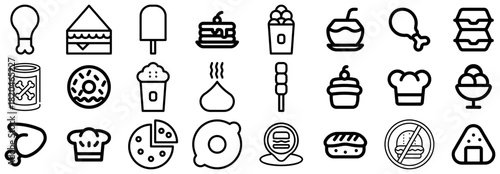 Collection of Food and Drink Icons in Black and White Outline Style