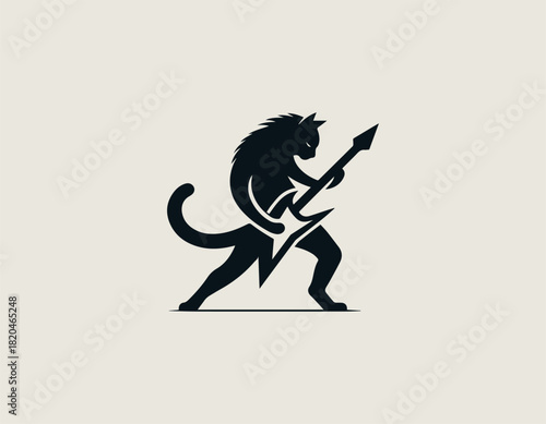 Dynamic black silhouette of a cool rocker cat energetically playing a distinctive V-shaped electric guitar with expressive hair.