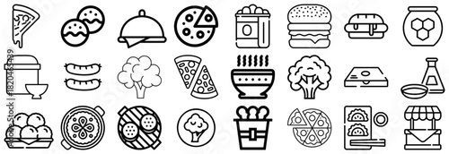 Collection of Food Icons Pizza, Burgers, Hot Dogs, and More
