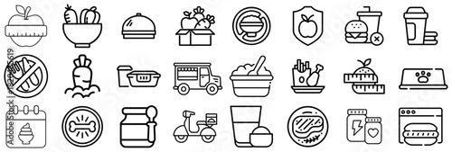 Diverse Food and Drink Icons Healthy, Fast Food, and Delivery