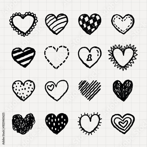 Collection of 16 hand-drawn heart doodles in black and white. Each heart has a unique pattern, showcasing creativity and variety in heart designs. Hand drawn Valentine's Day vector set.