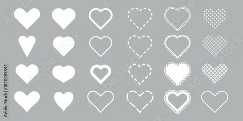 Collection of white heart shapes on a gray background. Various heart designs, including solid, dotted, and lace patterns. Heart shapes for creative projects. Minimal Valentine's Day elements, vector.