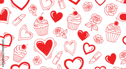 Seamless pattern of red hearts roses cupcakes and lipstick doodles on a white background