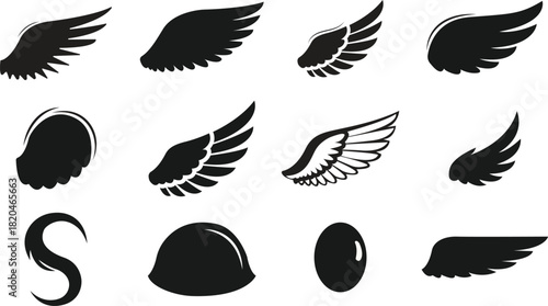 Collection of black wing silhouettes on white background vector