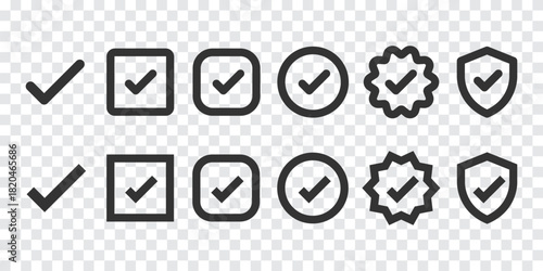 Set of check mark icons in various styles, including checkboxes, circles, and shields. Check marks in different shapes and styles for diverse uses. Vector element set.