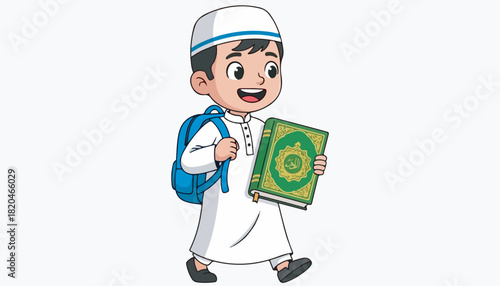 Cartoon illustration of a young Muslim boy wearing a kufi and carrying a Quran and backpack.