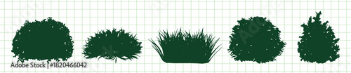 Silhouettes of five green bushes on a grid background. Bushes vary in shape and size. Green bushes, bush silhouettes, grid pattern, nature elements. Silhouette forest elements, vector set.