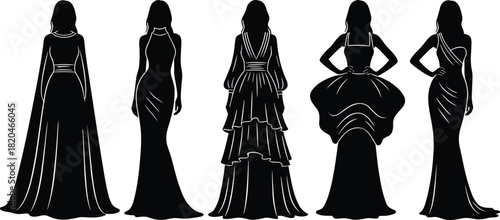 Elegant female fashion silhouettes wearing various glamorous long gowns and evening dresses, isolated black vector models for creative design and illustration use