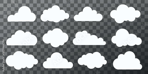 Set of 12 white cloud icons on a transparent background. Cloud shapes vary, offering diverse cloud designs. Perfect for cloud-themed projects and cloud illustrations. Weather element vector set.