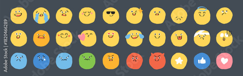 A collection of diverse emojis displaying various emotions: happy, sad, angry, surprised. Colorful faces with expressions like joy, sadness, anger, and surprise. Hand drawn cute emoticon. Vectors.