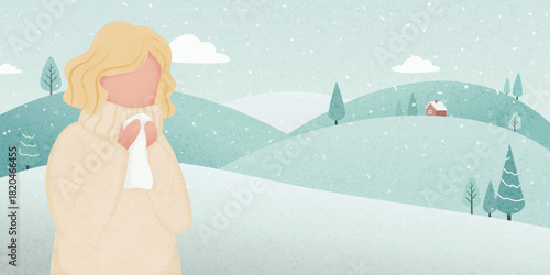 Soft pastel winter illustration of a woman holding a tissue, suggesting a cold or seasonal illness, set against snowy hills, trees, and a distant house under gentle snowfall.
