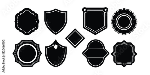 Collection of Black Decorative Shields and Frames on White Background Keywords: shield, badge, emblem, frame, border, decorative, ornate, graphic