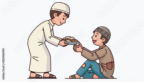 A young man offers food to a smiling, less fortunate individual, sharing kindness.