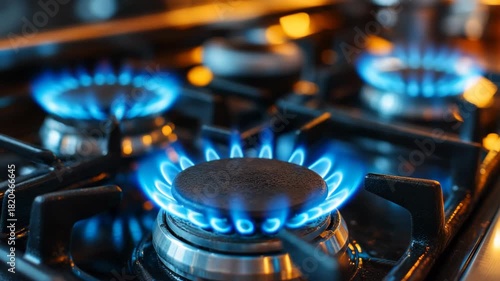 Close-up view of bright blue gas flames burning on modern stainless steel stove in kitchen, energy, natural gas, heat power, household technology, and efficient domestic fuel source for cooking.