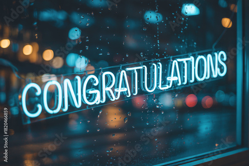 Stunning congratulations neon sign shining brightly through a rainy window, celebrating success, milestone achievements, and joyful occasions with glowing light